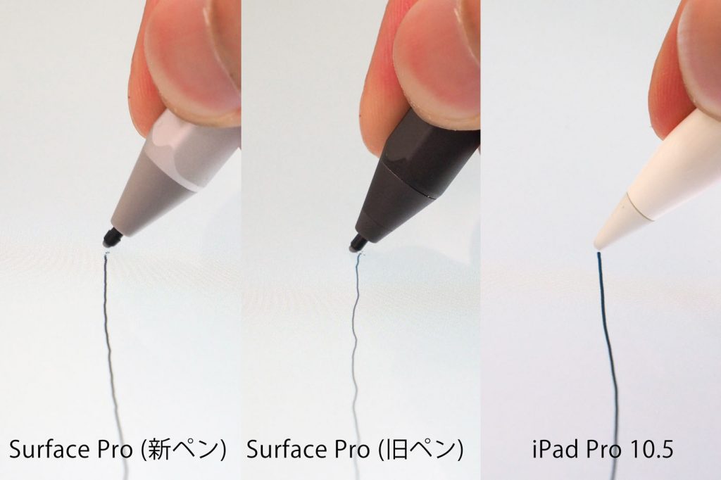 视差测试。新Surface Pen和Apple Pencil都很优秀，可以看出旧的Surface手写笔光标偏向笔尖右侧
