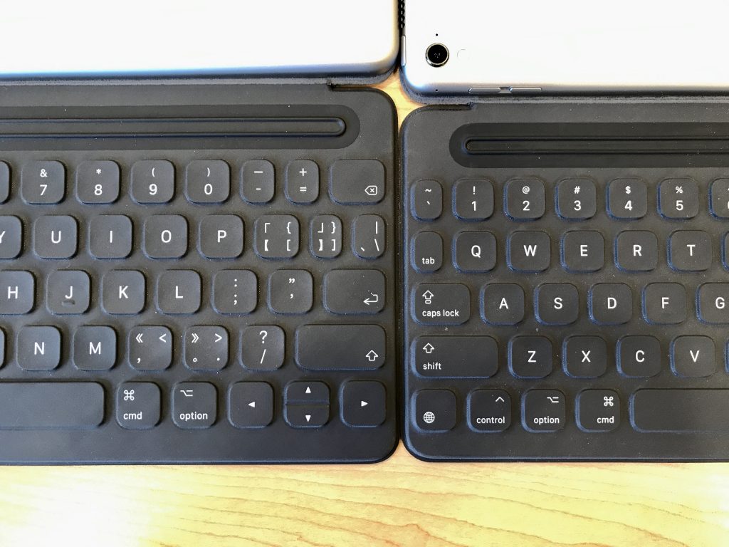 iPad Pro的10.5英寸版本（左）与9.7英寸版本键盘尺寸对比
