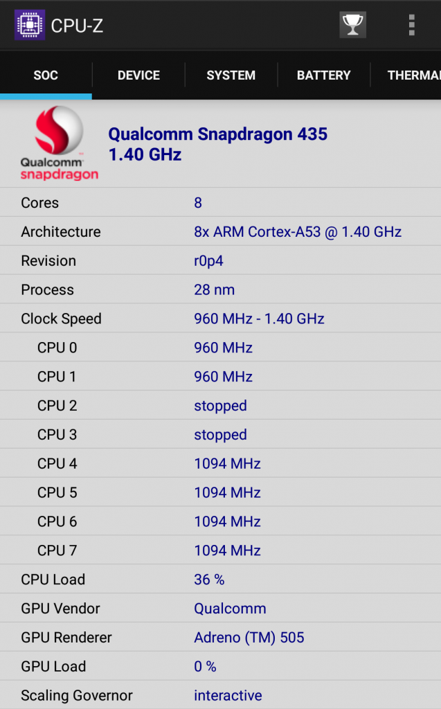 CPU-Z截图(1)(比较奇怪的是,明明规格表上写的是MSM8937,到了CPUZ却变成了S435了)