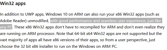 微软对ARM设备运行Win32程序的说明