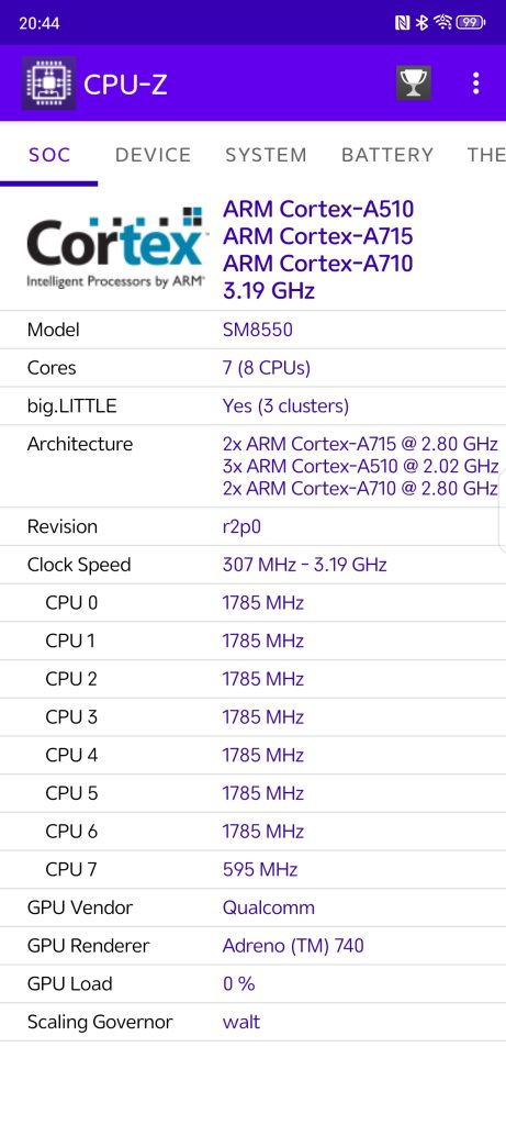 CPU-Z列表1，不知道為什麼沒認出第四叢集，連詳細型號也沒認出來